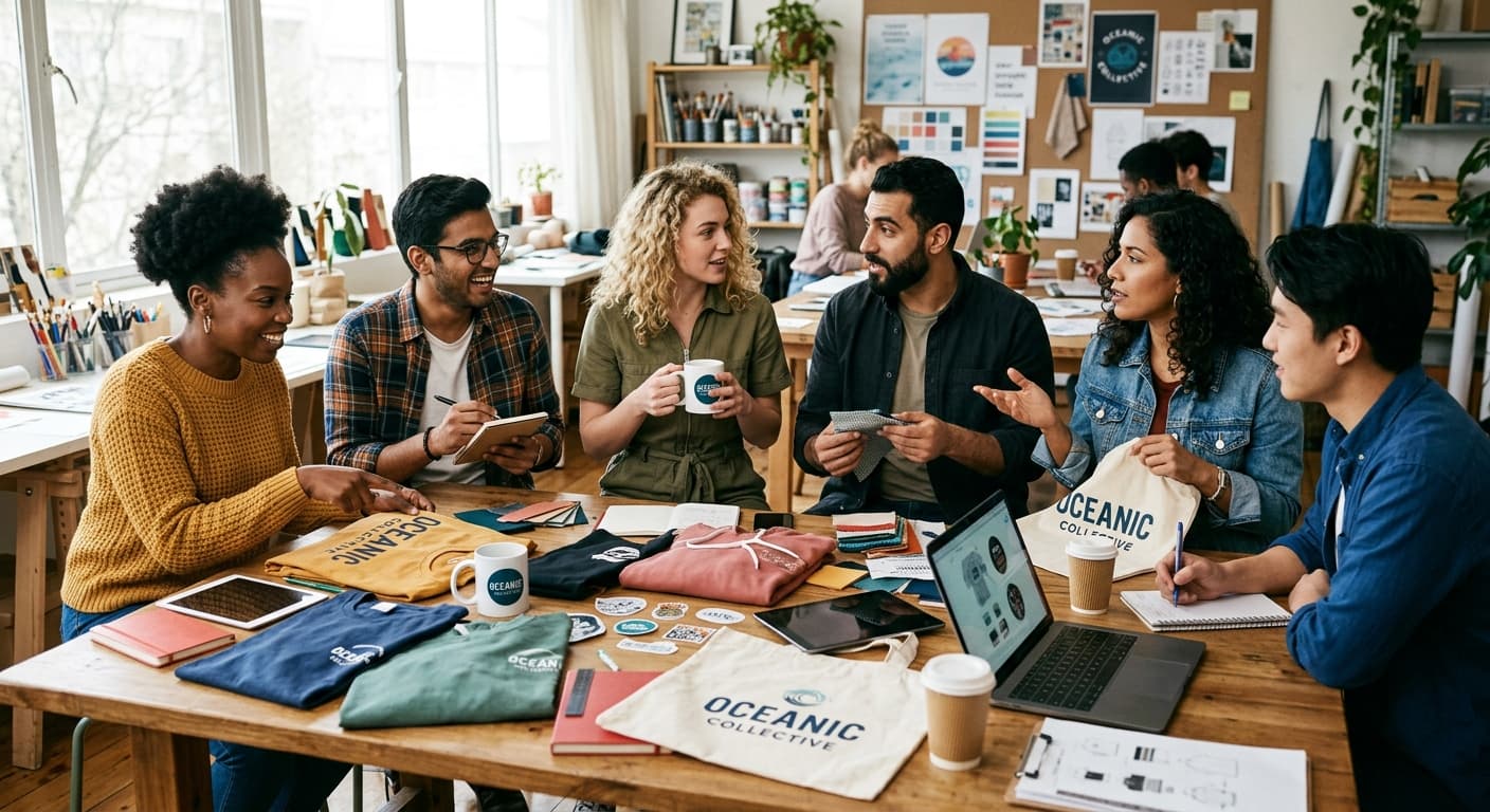 Diverse creative team collaborating around merchandise samples
