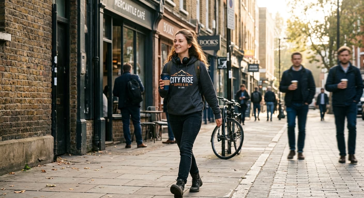 Person wearing custom branded hoodie walking through city