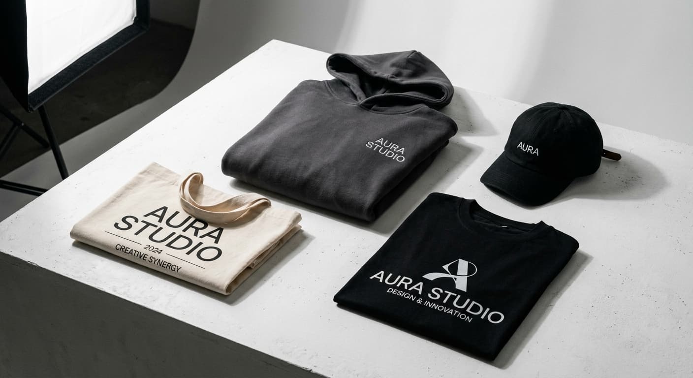Custom branded merchandise collection — hoodies, t-shirts, hats, and tote bags
