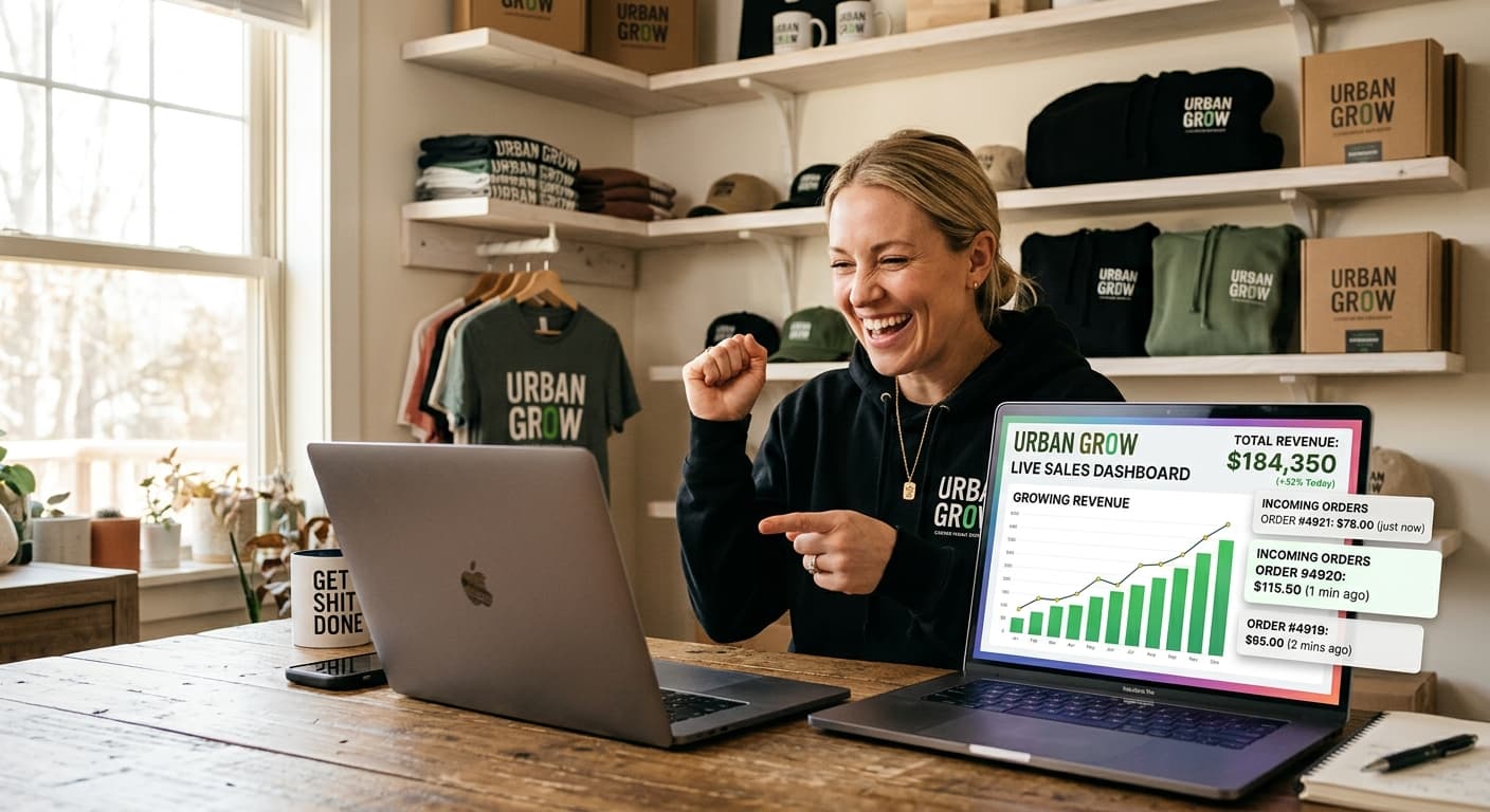 Live merch program with orders flowing and revenue growing